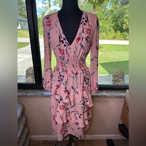 Free Press - V Neck Smocked Waist Ruffle Floral Chiffon Dress- Size Small